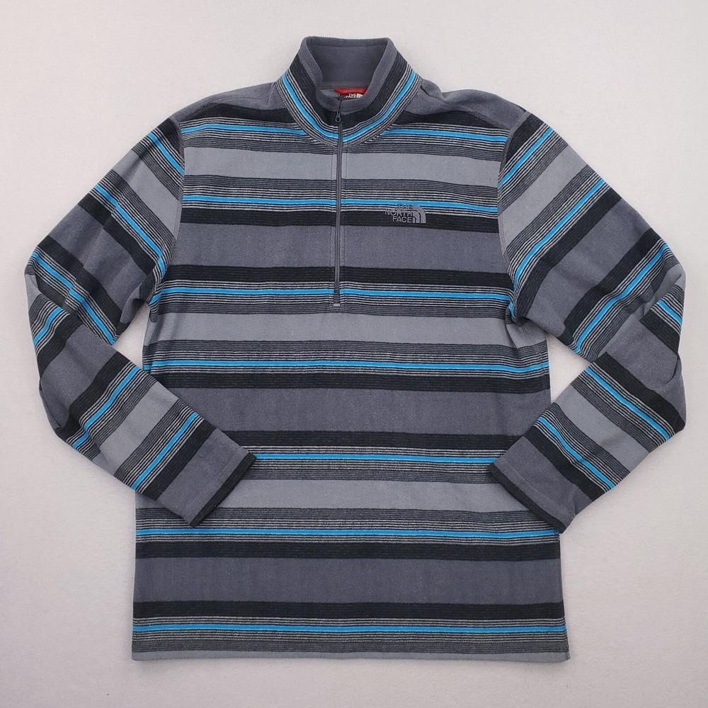 North Face Half Zip Pullover Mens Large Blue Gray Striped Fleece‎ Shirt Outdoor